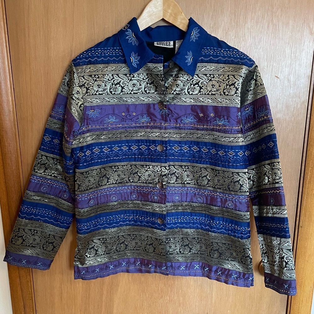Chicos Vtg 100% Silk Beaded Floral Embroidered Collared Shacket Size 0/M